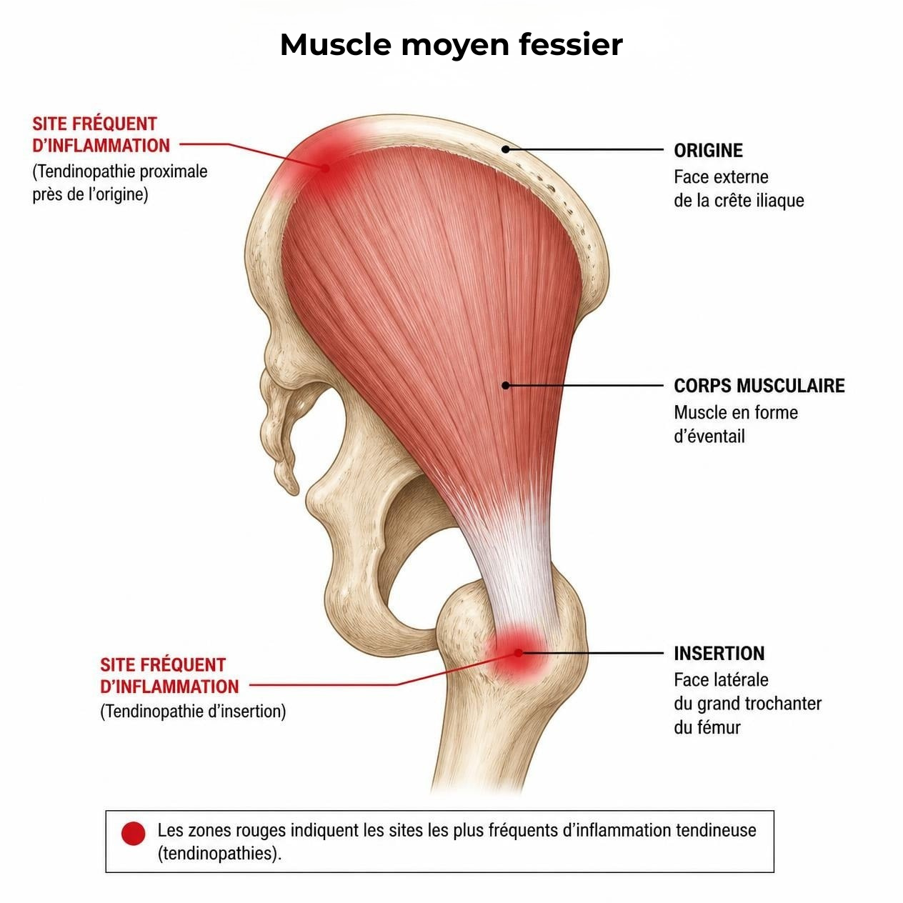 Schéma anatomique du muscle moyen fessier montrant les zones fréquemment douloureuses lors d’une tendinopathie du moyen fessier