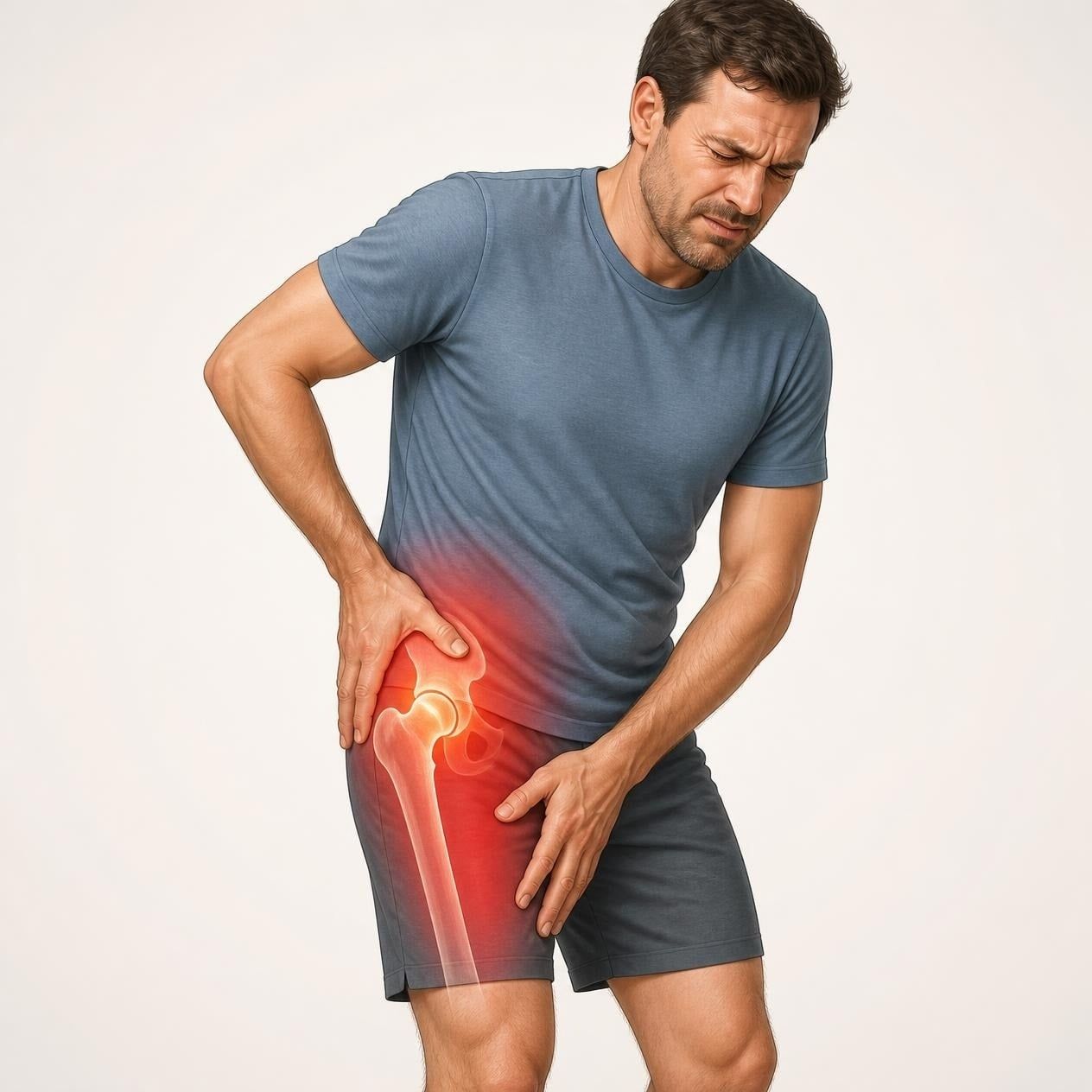 Illustration d'un homme présentant une douleur sur la face externe de la hanche et de la cuisse, compatible avec une névralgie du nerf cutané latéral de la cuisse (méralgie paresthésique).