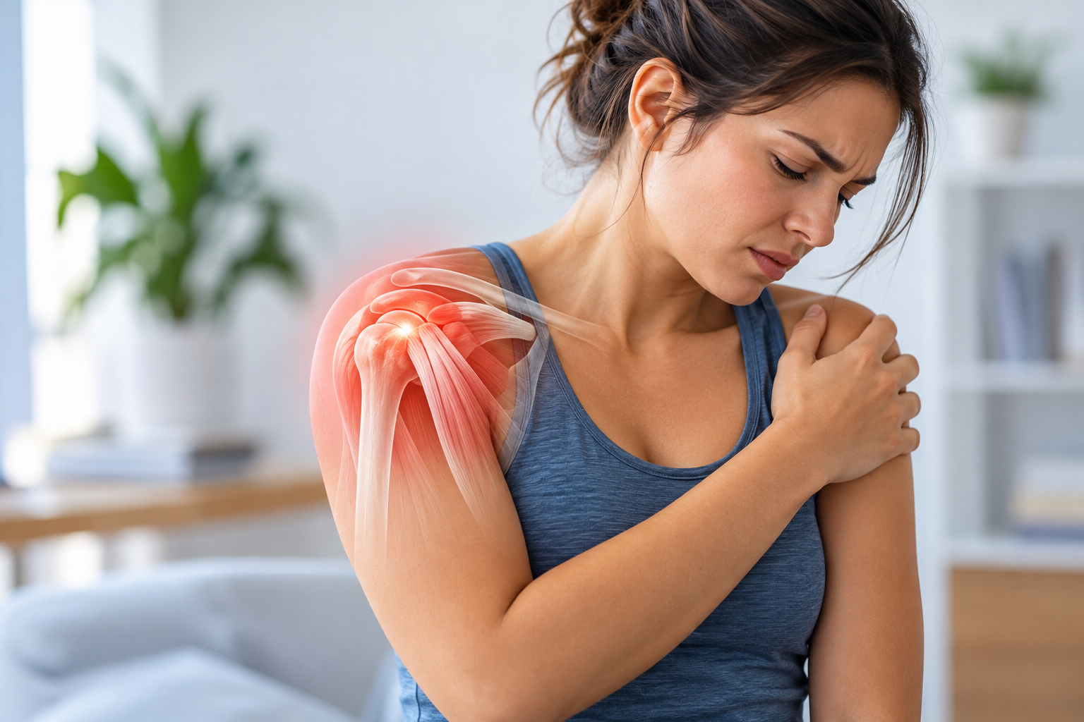 Femme ressentant une douleur soudaine à l’épaule, avec une illustration anatomique des muscles et des tendons de l’épaule.
